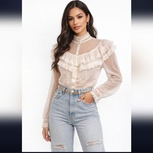 Gunne Sax Polka Dot & Lace Vintage 70s Blouse